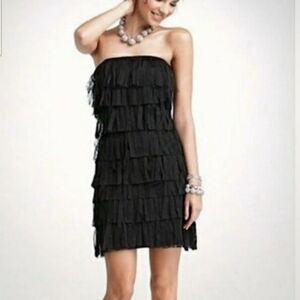ANN TAYLOR Tiered Fringe Strapless Black Mini Dress. Size 2 NWT